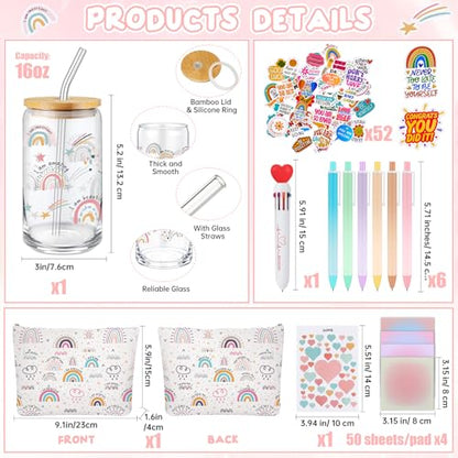 Watersay 64 Pcs Rainbow Inspirational Gifts for Women 16oz Glass Cup with Lid Straw Motivational Canvas Makeup Bag Pens Sticky Notes Stickers Stationery Accessories for Back to School - style: Rainbow