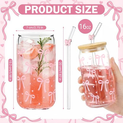 Glass Cups with Lids and Straws, 4Pack, 16oz, Coquette Pink - style: 4Pcs Pink Bow