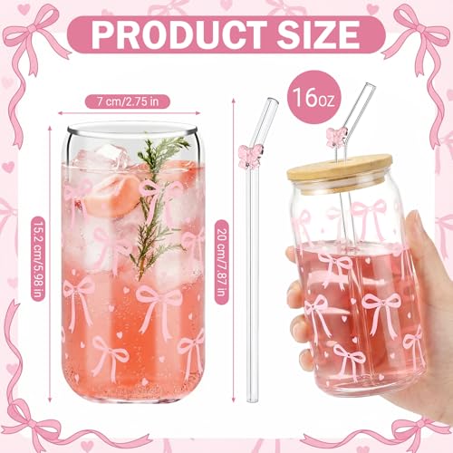 Glass Cups with Lids and Straws, 4Pack, 16oz, Coquette Pink - style: 4Pcs Pink Bow