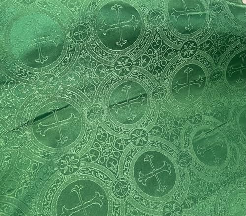 Green Religious Cross Jacquard Brocade Church Fabric, 58 Inches Wide, Sold by Yard