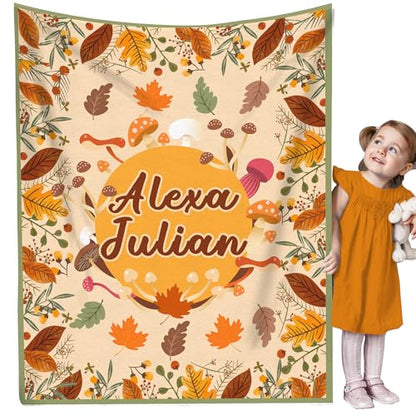 Custom Fall Blanket Autumn with Name Soft Cozy Harvest Blanket for Boys Girls Kids Adults Personalized Text Leaves Mushroom Yellow Halloween Christmas Birthday Gifts - color: Autumu-04