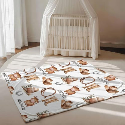 Personalized Western Baby Boy Blanket, Cute Cowboy Riding Pony Pattern, Custom Name Kids Toddler Throw Blanket, Ranch Style Nursery Decor, Toddler Boy Gift - color: Western Baby Boy Blanket