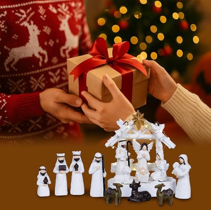 Christmas Nativity Scene Set 14 Piece Nativity Scene with Manger for Nativity Scene Indoor Decor Nativity Story Figures Nativity Set Decoration Mini Miniature Religious Christmas Holy Family Figurines - style: real person