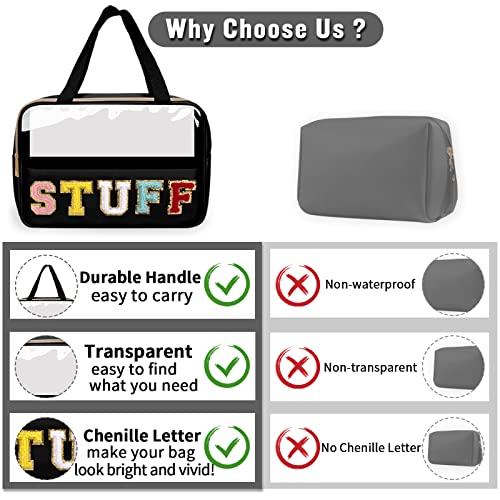 Chenille Letter Clear Makeup Bags Stuff Tote, Preppy Patch Makeup Bag Zipper with Handle, Waterproof PVC & Nylon Portable Glitter Large Cosmetic Travel Toiletry Storage for Women Girls(STUFF-Black) - color: STUFF-Black