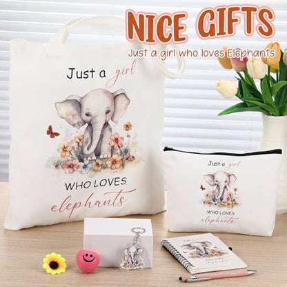 Kinlop 5 Pcs Elephant Pattern Gifts for Women Include Just a Girl Who Loves Elephants Tote Bag Canvas Cosmetic Bag Coil Notebook Keychain and Ballpoint Pen for Women Girls - color: Pink, style: Elephant