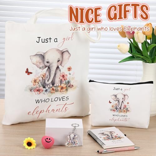 Kinlop 5 Pcs Elephant Pattern Gifts for Women Include Just a Girl Who Loves Elephants Tote Bag Canvas Cosmetic Bag Coil Notebook Keychain and Ballpoint Pen for Women Girls - color: Pink, style: Elephant
