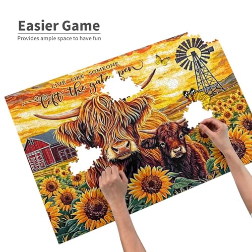 Farmhouse Highland Cow Jigsaw Puzzles for Adults 1000 Pieces Rustic Sunflower Cow Painting Wooden Jigsaw Puzzle Live Like Someone Left The Gate Open Inspirational Puzzle for Family Friends Home Decor - color: Highland Cow, size: 1000PCS