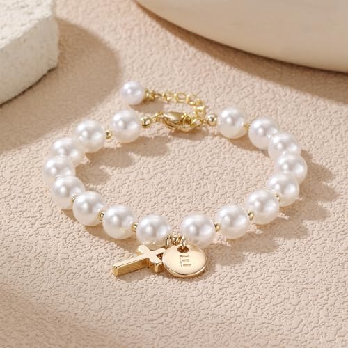 Cross Initial Bracelet Dainty Gold Cross Pearl Bracelet with Letter A-Z Christian Baptism Gifts Religious Faith Jewelry Stocking Stuffers for Teens - color: Gold E