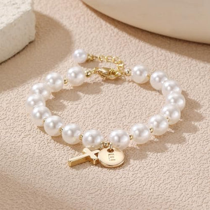 Cross Initial Bracelet Dainty Gold Cross Pearl Bracelet with Letter A-Z Christian Baptism Gifts Religious Faith Jewelry Stocking Stuffers for Teens - color: Gold E
