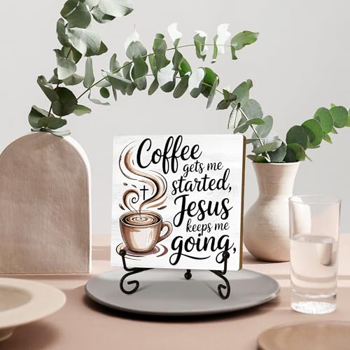 Coffee Gets Me Started Jesus Keeps Me Going Cross and Cup Wooden Sign Decor, Rustic Wooden Plaque Sign With Iron Stand, Christian Home Office Bar Desk Shelf Decorations - style: Coffee-A