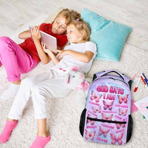 Backpack for Girls 6-8 Primary School Students, Butterfly Backpacks God Says I Am Bookbag with Pockets for Kids Girls Back to School Gifts - color: Blue