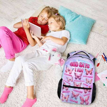 Backpack for Girls 6-8 Primary School Students, Butterfly Backpacks God Says I Am Bookbag with Pockets for Kids Girls Back to School Gifts - color: Blue