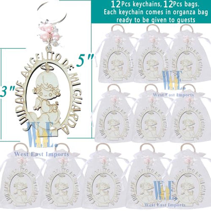 12 PCS Angel Keychain Baptism Favor Pink Beads Wood Design Bags