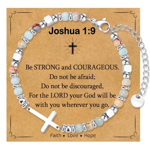 Christian Cross Bracelet for Women Girls, Adjustable Stainless Steel Beaded Cross Bracelets, First Communion Confirmation Easter Religious Bapstim Natural Gemstone Jesus Bracelet Gifts for Her - style: Joshua1.9