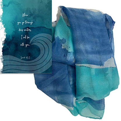 Smiling Wisdom | With God All Things Are Possible Greeting Card and Matching Scarf Gift Set | Sympathy Empathy Consoling | Women Men | Blue Deep Waters