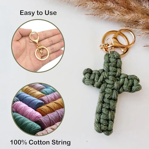 Macrame Cross Keychain,Jesus Key Chain Christian Car Accessories Handmade Soft Cross Keychain Cute Baptism Faith Inspired Boho Decor for Women Men Religious Gifts(Olive)