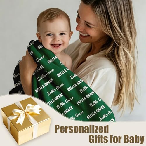 Ships Next Day, Personalized Baby Blanket with Name - Custom Newborn Hospital Swaddle Blanket, Super Soft Plush Flannel Baby Gift for Birth Announcement Shower Easter Gifts for Toddler Kids - color: Green