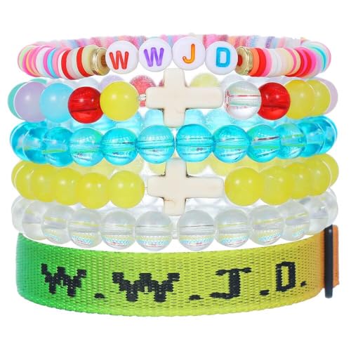 WWJD Bracelets Set WWJD Wristbands Christian Cross Bracelet Stackable Clay Bead Bracelets Stretch Glass Beaded Inspirational Christian Jewelry Gift for Couples Women Men - color: 6Pcs Colorful