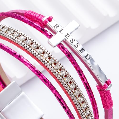 Christian Cross Leather Bracelets Boho Western Blessing Religious Jewelry - color: Hot Pink