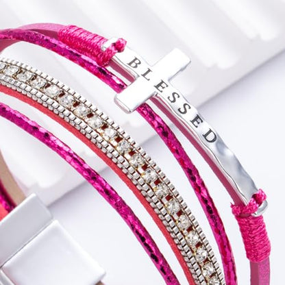 Christian Cross Leather Bracelets Boho Western Blessing Religious Jewelry - color: Hot Pink