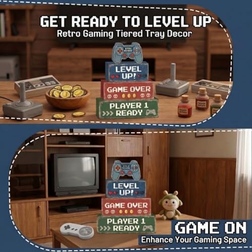 Britimes Tiered Tray Decor Set, 4 Pack, Wooden Table Sign, Video Game - style: Retro Gamer