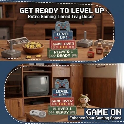 Britimes Tiered Tray Decor Set, 4 Pack, Wooden Table Sign, Video Game - style: Retro Gamer
