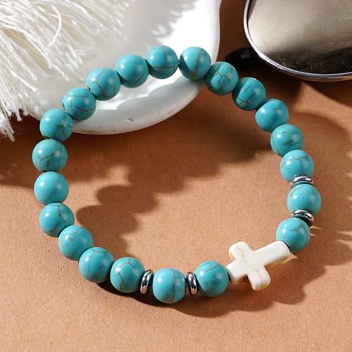 Cross Birthstone Gemstone Beaded Stretch Protection Bracelet for Man Woman, Handmade Healing Stone Chakra Beads Elastic Bracelets Accessories Fashion Jewelry Gift. - color: Turquoise Bead