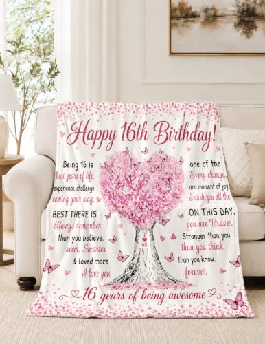 Sweet 16 Gifts for Girls, Sweet 16 Blankets,16th Birthday Gifts - color: 16 Pink Tree