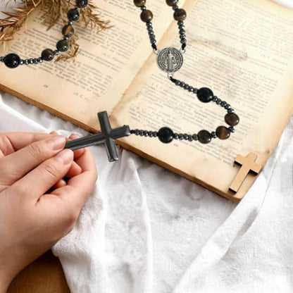 Bovemee Saint Benedict Medal Prayer Pocket Rosary Catholic Brown Wood Beads with Medalla de san benitol and Crucifix, 9 Inch - color: Nature stone Brown