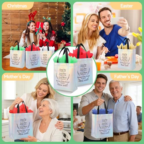 LUAVIARU 40 Pcs Bible Verse Christian Gift Bags Set – 20 Silver Reusable Gift Bag with Handles & 20 Tissue Paper, Religious Gift Bag for Church Events, Baptism, Easter, Communion, Congratulations - color: Silver, size: 20