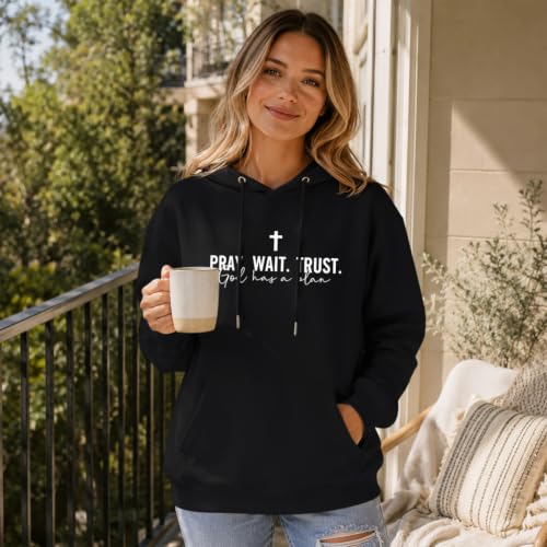 Wrenpies Christian Faith Hoodie for Women Jesus God Religious Bible Verse Hoodies Cross Pray Wait Trust Graphic Sweatshirt - color: Black, size: Medium