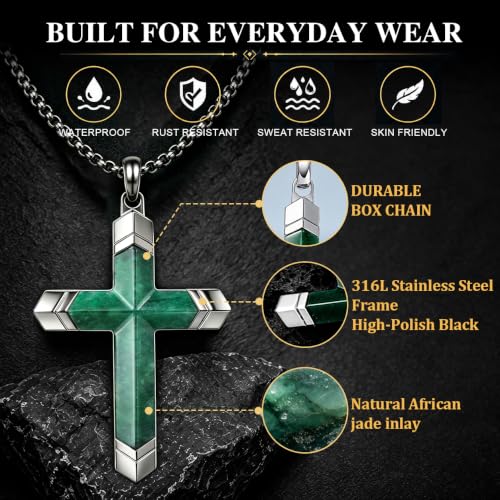 Lapis Lazuli/Amethyst Cross Necklace for Men Waterproof and Sweat-Resistant Suitable for both men and women With Adjustable Box Chain Christian Jewelry Father Day Gifts for Men - color: Green&Silver