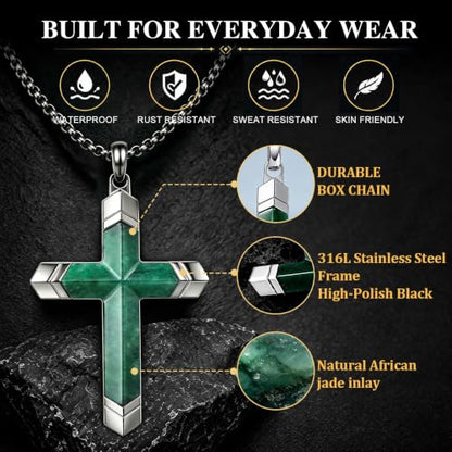 Lapis Lazuli/Amethyst Cross Necklace for Men Waterproof and Sweat-Resistant Suitable for both men and women With Adjustable Box Chain Christian Jewelry Father Day Gifts for Men - color: Green&Silver