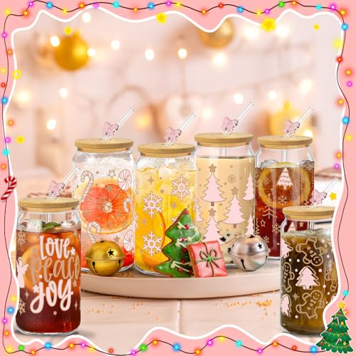 Glass Cups with Lids and Straws, 6Pack, 16oz, Christmas - style: Christmas Gingerbread