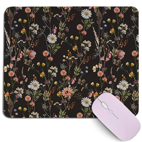 Vintage Dark Wildflower Mouse Pad, Boho Dried Floral Desk Mat, Aesthetic Black Background Flower Gaming Mousepad for Office Home Laptop, Cottagecore Desk Decor for Women,10.2x8.2Inch - color: Black Pink Flower