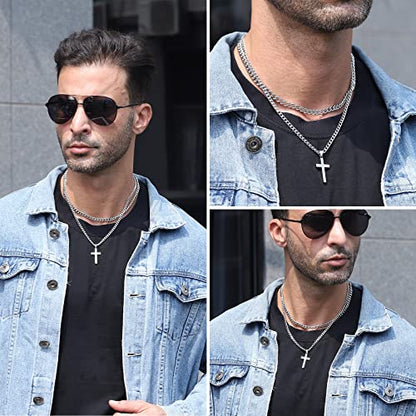Zocomi Cross Necklace for Men Boys, Stainless Steel Layered Cuban Link Herringbone Chain Cross Pendant Christian Fashion Jewelry Gifts 16-24 Inches - color: Silver, size: 16inch/18inch, style: Cuban+Cuban