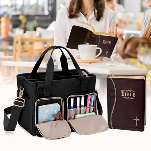 Teamoy Large Bible Bag for Women, Bible Tote Bag Book Cover Case, Black - color: Black