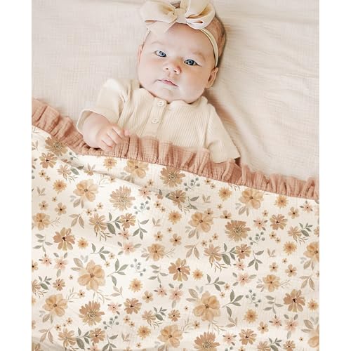 Konssy 100% Cotton Muslin Baby Blanket with Ruffle Trim for Girls, 43"x39" - color: Flourish