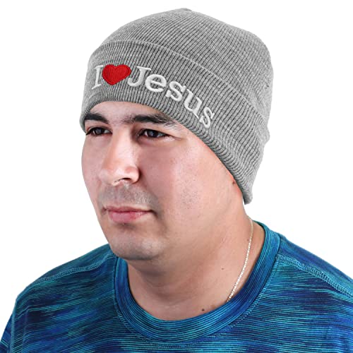 I Love Jesus Beanie Hat Ski Cap All Seasons Embroidered Solid Color - color: Gray