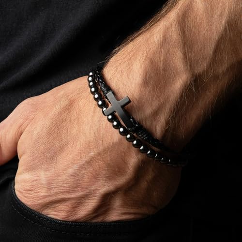 Hero Company FIDES Leather & Magnetic Titanium Bead Cross Bracelet for Men