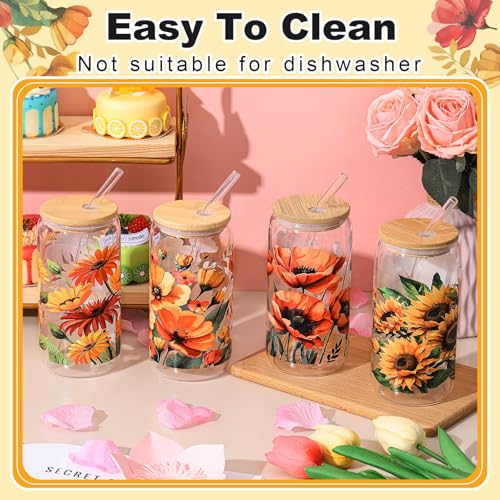 Mumufy 4 Pack Oil Flower Glass Cup, 16 oz Tumbler Mug with Bamboo Lid - style: Oil Flower