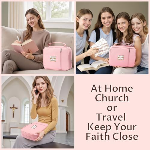 WOBAGMEN Bible Cover for Women,Pink PU Leather Personalized Bible Case with Bible Study Supplies,Including Tabs and Highlighter Set, Faith Chiristain Gift for Women Girls (Pink, H) - size: H