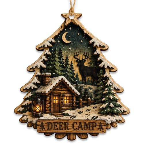 Deer Hunting Ornament for Christmas Tree, Rustic Camping Christmas Ornament with Woodland Cabin Scene, Christmas 2026 Decor for Deer Hunters, Hunting Gifts for Men,Hunter Gifts and Hiking Gift - color: Deer Camping