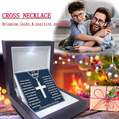 MGOOL Son Gifts From Mom To My Son Necklace From Dad Faith Cross Necklace Present Graduation Birthday Gifts Message Card＆LED Gift Box - color: SN928-Silver Wooden Led Box