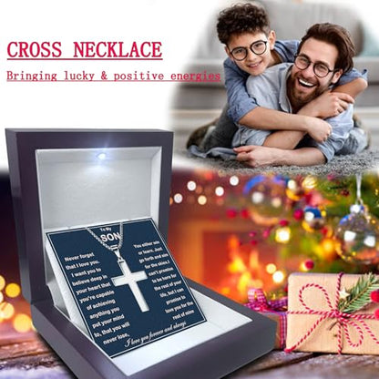 MGOOL Son Gifts From Mom To My Son Necklace From Dad Faith Cross Necklace Present Graduation Birthday Gifts Message Card＆LED Gift Box - color: SN928-Silver Wooden Led Box