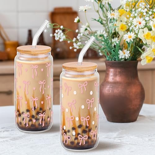 2 Pcs Cute Pink Bow Glass Cups with Lid and Straws Preppy Stuff For Girls - style: Pink Bow