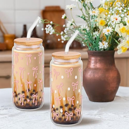 2 Pcs Cute Pink Bow Glass Cups with Lid and Straws Preppy Stuff For Girls - style: Pink Bow