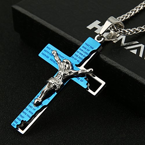 HZMAN Men's Stainless Steel Cross Crucifix Bible Prayer Pendant Necklace - color: Blue