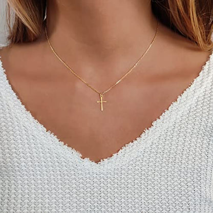Anika Bella Cross Necklace for Women, Dainty Minimalist Pendant Cross Necklaces - color: Gold