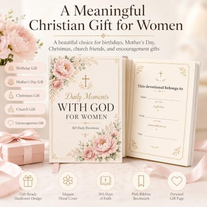 Daily Devotional for Women, 10 Minutes with God 365 Christian Devotions for Prayer, Quiet Time, and Daily Encouragement, Hardcover Gift Book with Pink Ribbon Bookmark